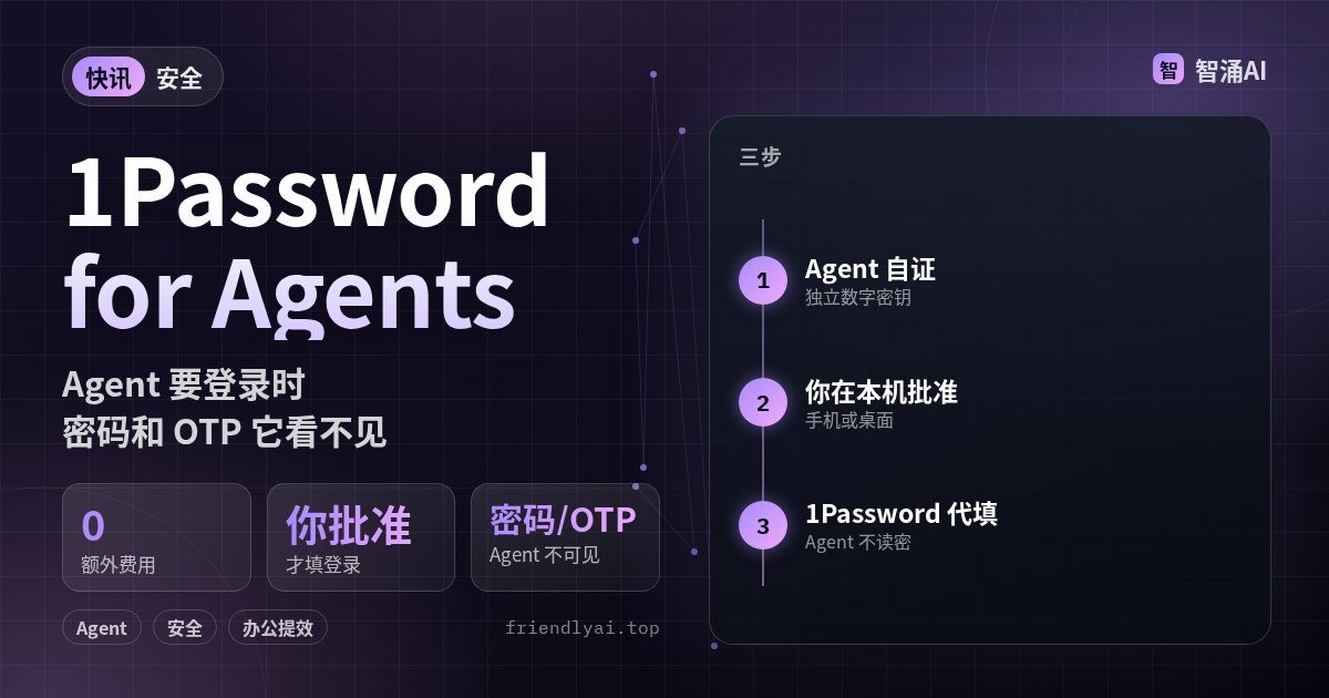 1Password for Agents：用户批准后代填登录，Agent 看不到密码和 OTP