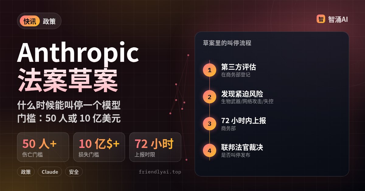 Anthropic 联邦 AI 安全法案草案头图：50 人伤亡或 10 亿美元损失门槛，72 小时上报，法官裁决