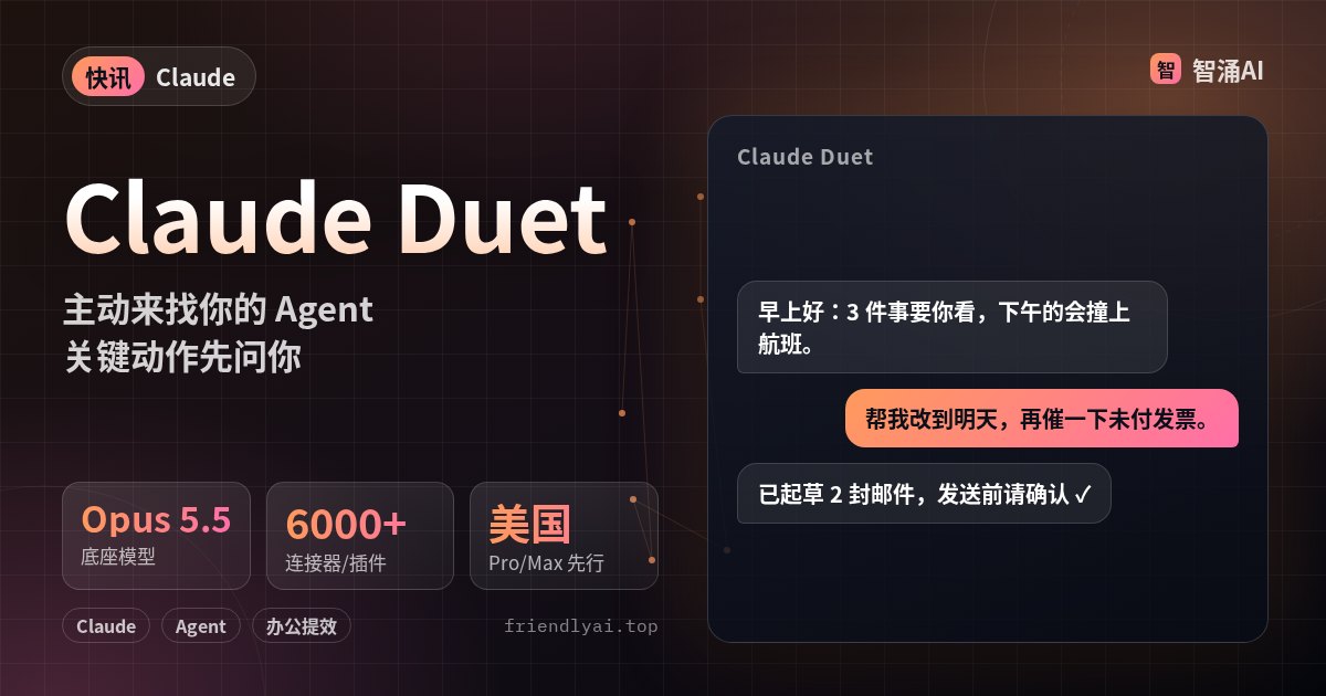 Claude Duet 头图：基于 Opus 5.5 的主动型个人 Agent，发送、付款等动作需用户批准