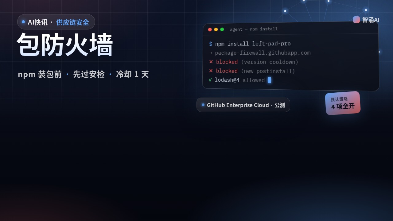 GitHub 包防火墙封面：终端里 npm install 请求经过 package-firewall.githubapp.com，冷却期和新增 postinstall 的包被拦下