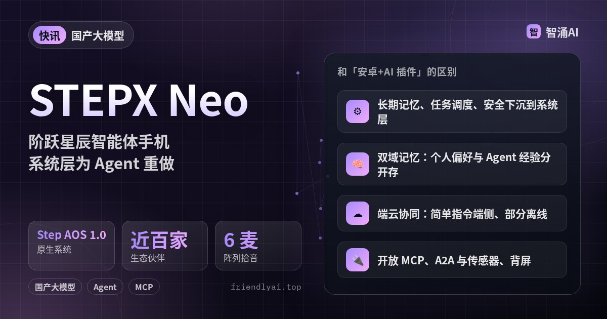 阶跃星辰 STEPX Neo 智能体手机头图:Step AOS 1.0 原生系统、个人智能体 Amoo、支持 MCP 与 A2A