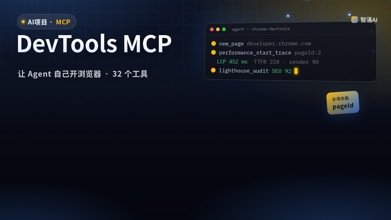 Chrome DevTools MCP 封面：Agent 通过 MCP 调用 Chrome 跑性能追踪和 Lighthouse，显示 LCP 452ms