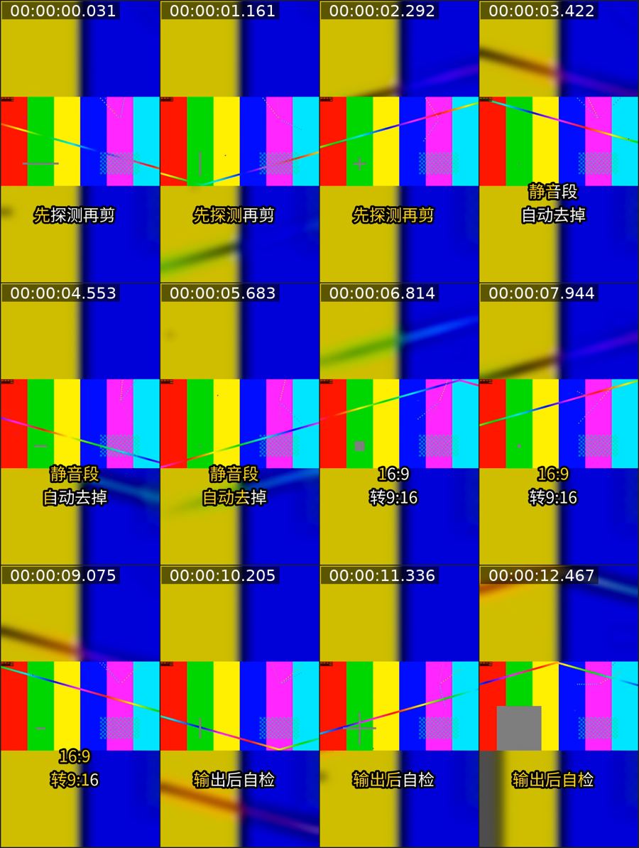 look.py 生成的 12 格缩略图，每 1.14 秒一帧，竖屏测试画面上叠着「先探测再剪」「静音段自动去掉」「16:9 转 9:16」「输出后自检」四条中文字幕