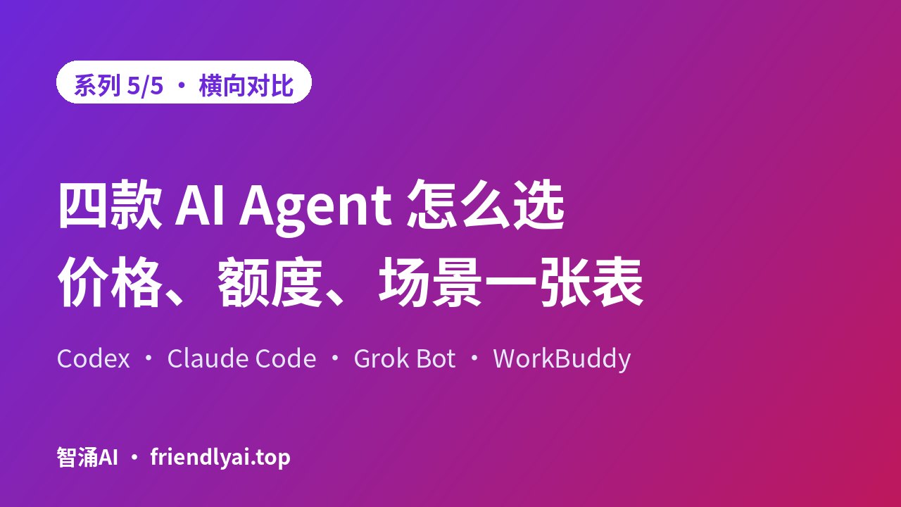 系列 5/5 封面：Codex、Claude Code、Grok Bot、WorkBuddy 四款 AI Agent 价格与适用场景横向对比