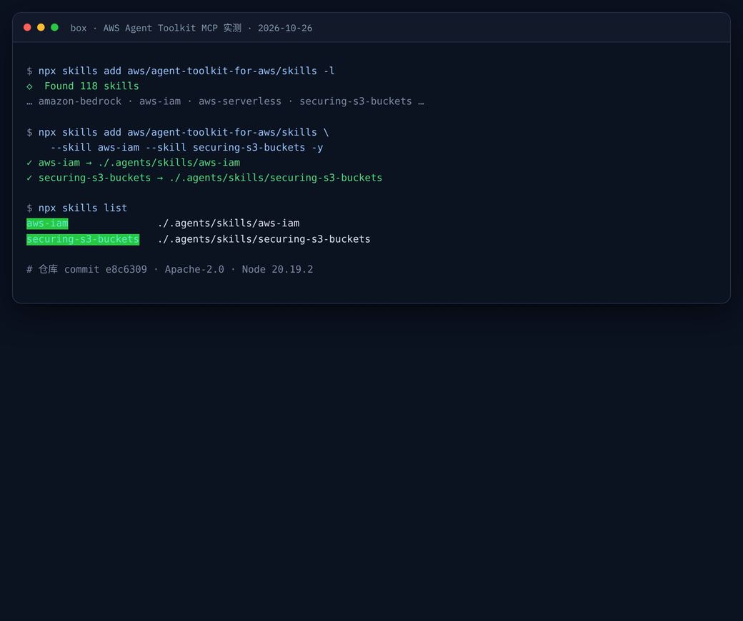 终端:npx skills 发现 118 条 Skill,并成功安装 aws-iam 与 securing-s3-buckets
