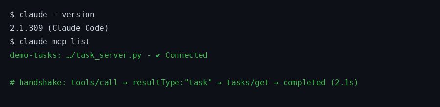 终端：claude --version 为 2.1.309；claude mcp list 显示 demo-tasks Connected