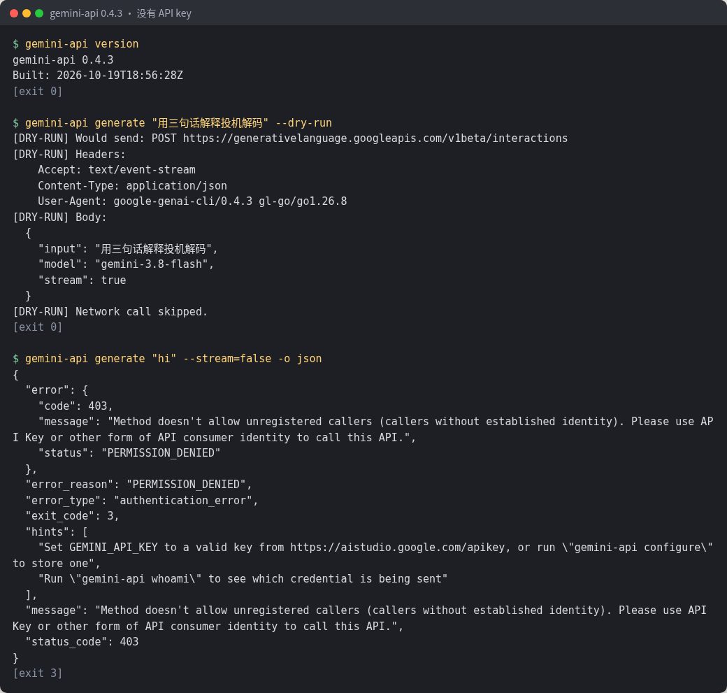 终端截图：gemini-api version 显示 0.4.3；generate 加 --dry-run 打印 POST 地址、请求头和请求体，最后一行 Network call skipped；去掉 dry-run 真发请求返回 403 PERMISSION_DENIED，exit_code 3